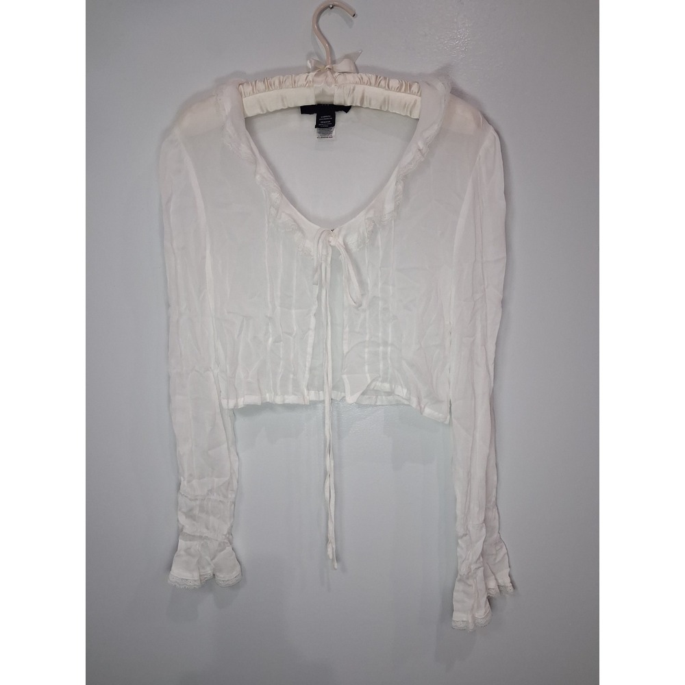Know One Cares White Lace Trim Tie Front Cropped Blouse Ruffle Collar Med Gauzy‎